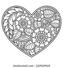 Mehndi flower pattern in form of heart for Henna drawing and tattoo. Decoration in ethnic oriental, Indian style. Valentine's day greetings. Coloring book page.