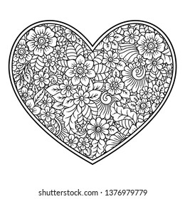 Mehndi flower pattern in form of heart for Henna drawing and tattoo. Decoration in ethnic oriental, Indian style. Valentine's day greetings. Coloring book page.