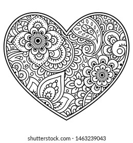 Mehndi flower pattern in form of heart for Henna drawing and tattoo. Decoration in ethnic oriental, Indian style. Valentine's day greetings. Coloring book page.