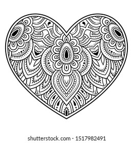 Mehndi flower pattern in form of heart for Henna drawing and tattoo. Decoration in ethnic oriental, Indian style. Valentine's day greetings. Coloring book page.