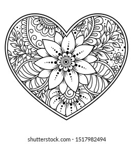 Mehndi flower pattern in form of heart for Henna drawing and tattoo. Decoration in ethnic oriental, Indian style. Valentine's day greetings. Coloring book page.