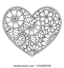 Mehndi flower pattern in form of heart for Henna drawing and tattoo. Decoration in ethnic oriental, Indian style. Valentine's day greetings. Coloring book page.