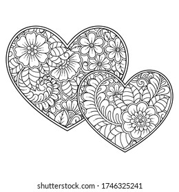Mehndi flower pattern in form of heart for Henna drawing and tattoo. Decoration in ethnic oriental, Indian style. Valentine's day greetings. Coloring book page.