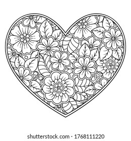 Mehndi Blumenmuster in Form von Herz für Henna Zeichnung und Tattoo. Dekoration im orientalischen, indischen Stil. Valentinstag-Grüße. Farbige Buchseite.