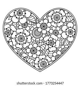 Mehndi flower pattern in form of heart for Henna drawing and tattoo. Decoration in ethnic oriental, Indian style. Valentine's day greetings. Coloring book page.