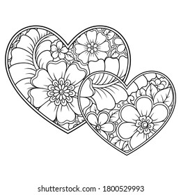 Patrón de flores de Mehndi en forma de corazón para el dibujo y tatuaje de Henna. Decoración de estilo étnico oriental, indio. Saludos de San Valentín. Coloreando la página del libro.