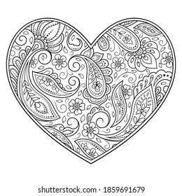 Mehndi flower pattern in form of heart for Henna drawing and tattoo. Decoration in ethnic oriental, Indian style. Valentine's day greetings. Coloring book page.