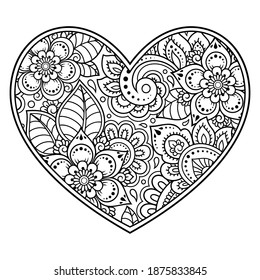 Mehndi flower pattern in form of heart for Henna drawing and tattoo. Decoration in ethnic oriental, Indian style. Valentine's day greetings. Coloring book page.
