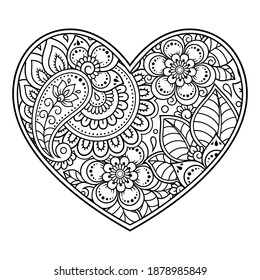 Patrón de flores de Mehndi en forma de corazón para el dibujo y tatuaje de Henna. Decoración de estilo étnico oriental, indio. Saludos de San Valentín. Coloreando la página del libro.