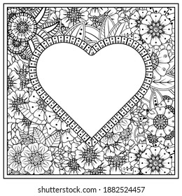 Mehndi flower pattern in form of heart for henna, mehndi, tattoo, decoration. decorative ornament in ethnic oriental style. coloring book page.