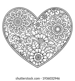 Mehndi flower pattern in form of heart for Henna drawing and tattoo. Decoration in ethnic oriental, Indian style. Valentine's day greetings. Coloring book page.