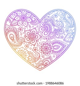 Mehndi flower pattern in form of heart for Henna drawing and tattoo. Decoration in ethnic oriental, Indian style. Valentine's day greetings. Rainbow color pattern on a white background.
