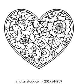 Mehndi flower pattern in form of heart for Henna drawing and tattoo. Decoration in ethnic oriental, Indian style. Valentine's day greetings. Coloring book page.