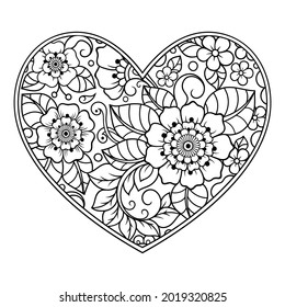 Mehndi flower pattern in form of heart for Henna drawing and tattoo. Decoration in ethnic oriental, Indian style. Valentine's day greetings. Coloring book page.