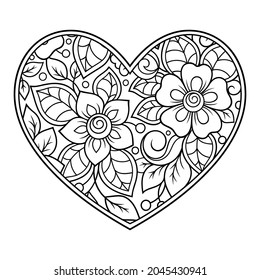 Patrón de flores de Mehndi en forma de corazón para el dibujo y tatuaje de Henna. Decoración de estilo étnico oriental, indio. Saludos de San Valentín. Coloreando la página del libro.