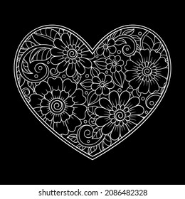 Mehndi flower pattern in form of heart for Henna drawing and tattoo. Decoration in ethnic oriental, Indian style. Valentine's day greetings. Coloring book page.