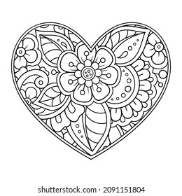 Mehndi flower pattern in form of heart for Henna drawing and tattoo. Decoration in ethnic oriental, Indian style. Valentine's day greetings. Coloring book page.