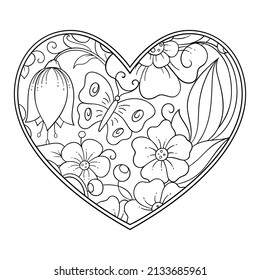 Mehndi flower pattern in form of heart for Henna drawing and tattoo. Decoration in ethnic oriental, Indian style. Valentine's day greetings. Coloring book page.