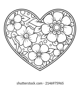 Mehndi flower pattern in form of heart for Henna drawing and tattoo. Decoration in ethnic oriental, Indian style. Valentine's day greetings. Coloring book page.