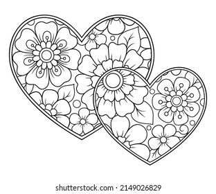 Mehndi flower pattern in form of heart for Henna drawing and tattoo. Decoration in ethnic oriental, Indian style. Valentine's day greetings. Coloring book page.