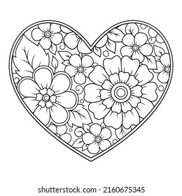 Mehndi flower pattern in form of heart for Henna drawing and tattoo. Decoration in ethnic oriental, Indian style. Valentine's day greetings. Coloring book page.