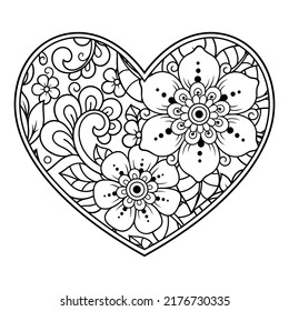 Mehndi flower pattern in form of heart for Henna drawing and tattoo. Decoration in ethnic oriental, Indian style. Valentine's day greetings. Coloring book page.