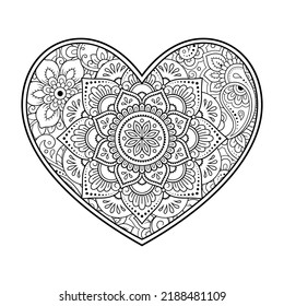 Mehndi flower pattern in form of heart for Henna drawing and tattoo. Decoration in ethnic oriental, Indian style. Valentine's day greetings. Coloring book page.