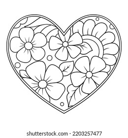 Mehndi flower pattern in form of heart for Henna drawing and tattoo. Decoration in ethnic oriental, Indian style. Valentine's day greetings. Coloring book page.