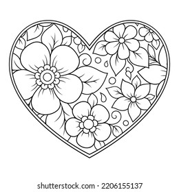 Mehndi flower pattern in form of heart for Henna drawing and tattoo. Decoration in ethnic oriental, Indian style. Valentine's day greetings. Coloring book page.