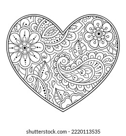 Mehndi flower pattern in form of heart for Henna drawing and tattoo. Decoration in ethnic oriental, Indian style. Valentine's day greetings. Coloring book page.