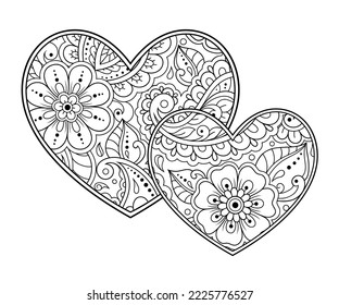 Mehndi flower pattern in form of heart for Henna drawing and tattoo. Decoration in ethnic oriental, Indian style. Valentine's day greetings. Coloring book page.