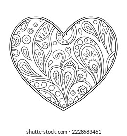 Mehndi flower pattern in form of heart for Henna drawing and tattoo. Decoration in ethnic oriental, Indian style. Valentine's day greetings. Coloring book page.