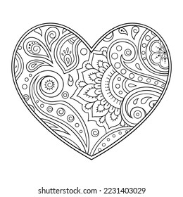 Mehndi flower pattern in form of heart for Henna drawing and tattoo. Decoration in ethnic oriental, Indian style. Valentine's day greetings. Coloring book page.