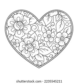 Mehndi flower pattern in form of heart for Henna drawing and tattoo. Decoration in ethnic oriental, Indian style. Valentine's day greetings. Coloring book page.