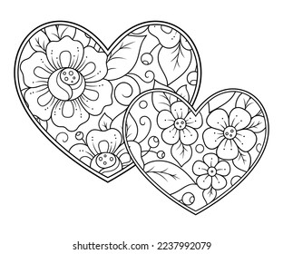 Mehndi flower pattern in form of heart for Henna drawing and tattoo. Decoration in ethnic oriental, Indian style. Valentine's day greetings. Coloring book page.