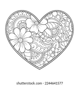 Mehndi flower pattern in form of heart for Henna drawing and tattoo. Decoration in ethnic oriental, Indian style. Valentine's day greetings. Coloring book page.