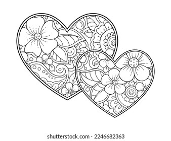 Mehndi flower pattern in form of heart for Henna drawing and tattoo. Decoration in ethnic oriental, Indian style. Valentine's day greetings. Coloring book page.