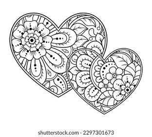Mehndi flower pattern in form of heart for Henna drawing and tattoo. Decoration in ethnic oriental, Indian style. Valentine's day greetings. Coloring book page.