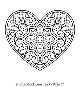 Mehndi Blumenmuster in Form von Herz für Henna Zeichnung und Tattoo. Dekoration im orientalischen, indischen Stil. Valentinstag-Grüße. Farbige Buchseite.