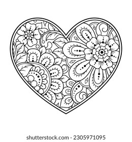 Patrón de flores de Mehndi en forma de corazón para el dibujo y tatuaje de Henna. Decoración de estilo étnico oriental, indio. Saludos de San Valentín. Coloreando la página del libro.