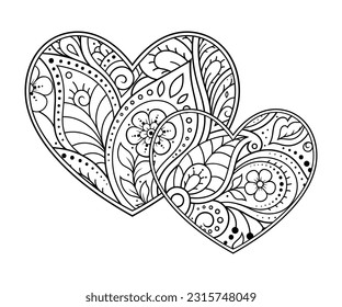 Mehndi flower pattern in form of heart for Henna drawing and tattoo. Decoration in ethnic oriental, Indian style. Valentine's day greetings. Coloring book page.