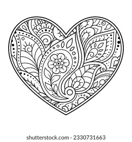 Mehndi flower pattern in form of heart for Henna drawing and tattoo. Decoration in ethnic oriental, Indian style. Valentine's day greetings. Coloring book page.