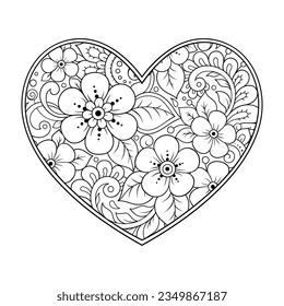 Mehndi Blumenmuster in Form von Herz für Henna Zeichnung und Tattoo. Dekoration im orientalischen, indischen Stil. Valentinstag-Grüße. Farbige Buchseite.