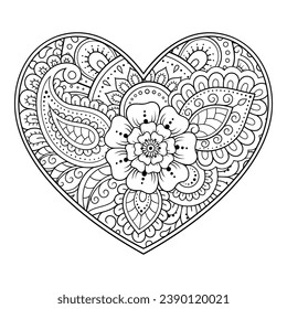 Patrón de flores de Mehndi en forma de corazón para el dibujo y tatuaje de Henna. Decoración de estilo étnico oriental, indio. Saludos de San Valentín. Coloreando la página del libro.
