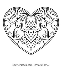 Mehndi flower pattern in form of heart for Henna drawing and tattoo. Decoration in ethnic oriental, Indian style. Valentine's day greetings. Coloring book page.