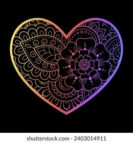 Mehndi flower pattern in form of heart for Henna drawing and tattoo. Decoration in ethnic oriental, Indian style. Valentine's day greetings. Rainbow color pattern on a black background.
