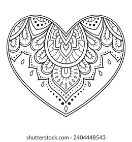 Patrón de flores de Mehndi en forma de corazón para el dibujo y tatuaje de Henna. Decoración de estilo étnico oriental, indio. Saludos de San Valentín. Coloreando la página del libro.