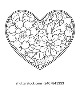 Mehndi flower pattern in form of heart for Henna drawing and tattoo. Decoration in ethnic oriental, Indian style. Valentine's day greetings. Coloring book page.