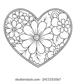 Mehndi flower pattern in form of heart for Henna drawing and tattoo. Decoration in ethnic oriental, Indian style. Valentine's day greetings. Coloring book page.