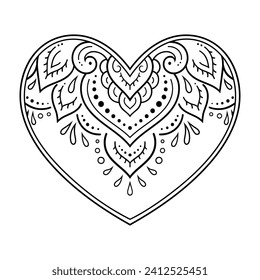 Mehndi flower pattern in form of heart for Henna drawing and tattoo. Decoration in ethnic oriental, Indian style. Valentine's day greetings. Coloring book page.